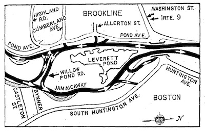 Map showing Jamaicaway highway lanes on either side of ponds